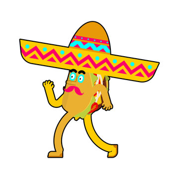 Tacos in sombrero. Cartoon Mexican fast food in hat