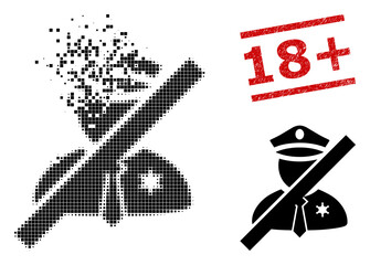 Frorbidden police man icon in dispersed, dotted halftone style and 18+ dirty stamp print. Pieces are grouped into vector disappearing frorbidden police man icon.