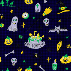 Seamless halloween pattern with pumpkins, bats and ghosts