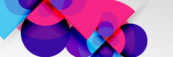 Bright color circles, abstract round shapes and triangles composition with shadow effects. Vector modern geometric design template