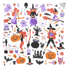 Obraz na płótnie Canvas Cute young witch halloween set objects. Collection design element with femela characters, pumpkin, witch hat, spider, skull, cat, bat. Vector flat iillustration.