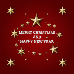 Merry christmas and happy new year background. Chic Christmas Greeting Card. Gold stars on red background. Stock vector illustration.	
