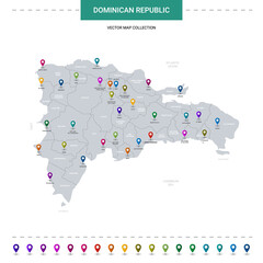 Dominican Republic map with location pointer marks. Infographic vector template, isolated on white background.