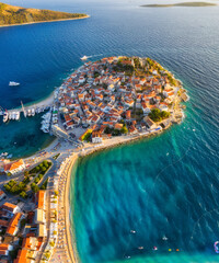 Primosten town, Croatia. View of the city from the air. Seascape with beach and old town. View from...