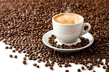 Obraz premium Cup with coffee on the background of coffee beans
