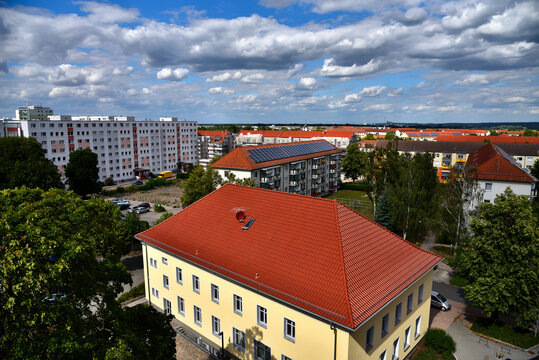 Stadt, Ortsbild, Schwedt, Bauwerk, Architektur, Haus, urban, aerial, anreisen, Fremdenverkehr, Sommer, Stra&szlig;e, Baum, Uckermark, Deutschland, Europa, Panorama, Baum, Horizont, Natur, Silhouette, Fassad
