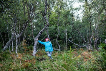 woman in a blue jacket against the background of the curves of Karelian birches