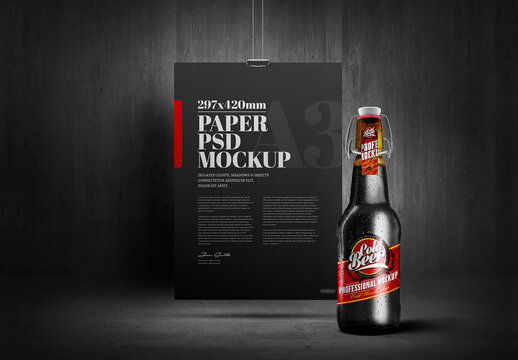 Oatmeal Stout Beer Bottle and Poster Dark Scene Mockup