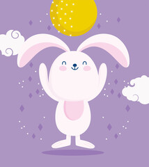 happy mid autumn festival, full moon cute rabbit and clouds cartoon, blessings and happiness