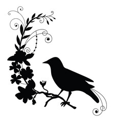 Vector black silhouette bird and flower composition