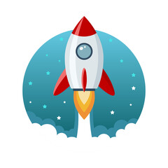 rocket, cartoon,Rocket cartoon ship with space, stars and smoke in circle. Startup concept project development. Space rocket launch to the moon. Vector illustration in a flat style. 