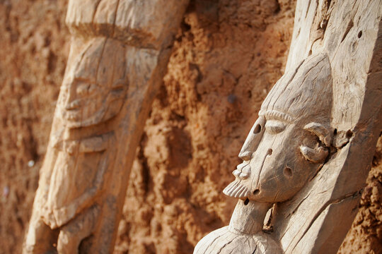 Dogon wood sculptures in Teli village, Dogon country, Mali
