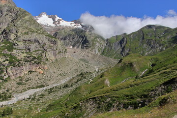 Majestic mountains dominating the skyline in Val Ferret, Aosta Valley. 