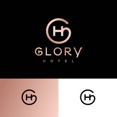 Glory Hotel logo. G and H monogram. G, H logo premium monogram consist of gold  letters, isolated on a black background.
