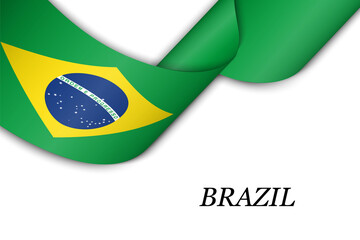 Waving ribbon or banner with flag of Brazil