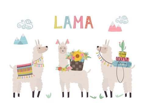 Card with cute llama, decorative elements, cactus, hand lettering. Vector illustration for cards, invitations, print, apparel, nursery decoration.