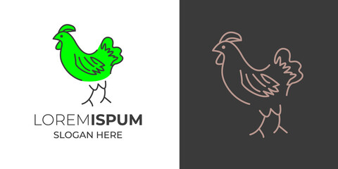 Chicken logo design white and black vector icon.poultry farm logo,running livestock,chicken crown,hen logo, rooster logo vintage minimal retro logo design .chicken line art logo design with food .