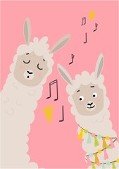 Cute card design with singing llama and musical notes. Vector illustration for cards, invitations, print, apparel, nursery decoration.