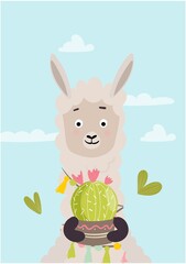 Fototapeta premium Card design with cute llama holding a potted cactus. Vector illustration