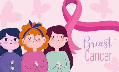 breast cancer awareness month cartoon women group with pink support ribbon