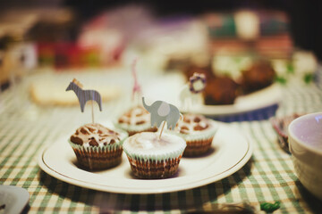 Home made cupcakes with animal shaped toppers on party table