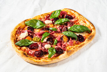 creative pizza with beef and cherries