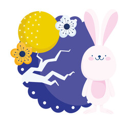 happy mid autumn festival, cute bunny full moon flower tree, chinese clebration blessings and happiness