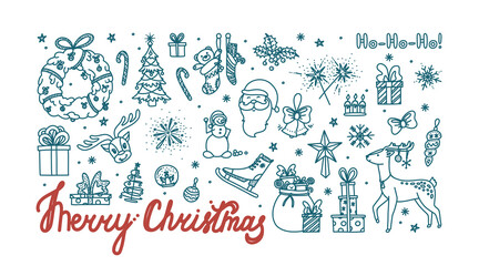 Fototapeta na wymiar Merry Christmas doodle card with all holiday objects. Hand drawn Christmas sketch. Isolated vector illustration