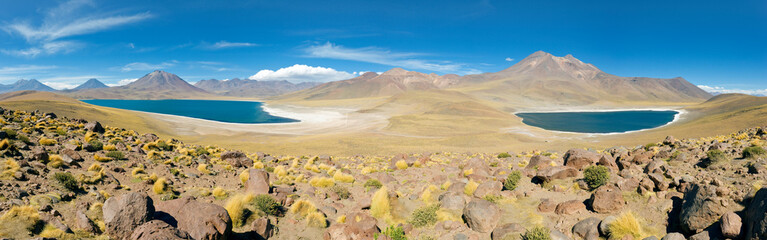 South America, Chile, Norte Grande, Antofagasta Region, Atacama desert, Los Flamencos National Reserve, Panoramic view of Laguna Miscanti and Laguna Miniques at an altitude of 4300m and the peaks of Cerro Miscanti and Cerro Miniques reaching altitudes of