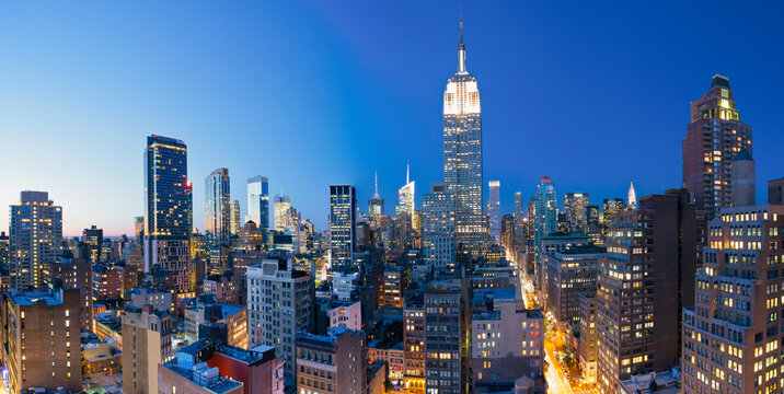 Midtown Manhattan, elevated dusk view towards the Empire State Building, Manhattan, New York City, New York, United States of America