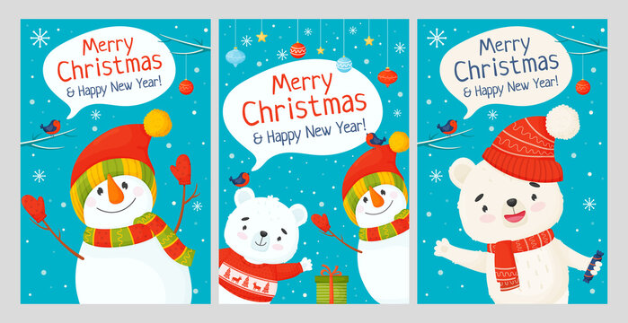 Merry christmas and a happy new year. Vector set of greeting cards with cute characters.