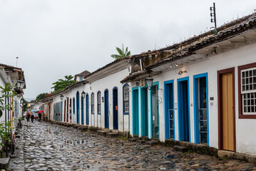 Colorful colonial portuguese houses in a street of the historical village of Paraty, in Brazil