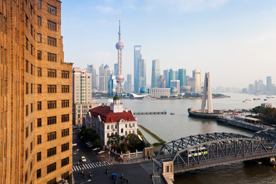 Pudong skyline (elevated view across Huangpu River from the Bund), Shanghai, China