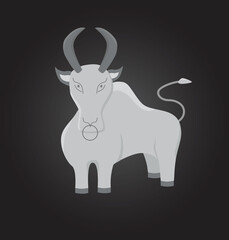Ox in white metal colors - symbol 2021. Vector stock illustartion isolated on black background, template for 2021 New Year decoration.