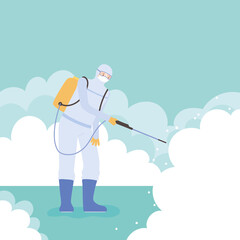 virus disinfection, man in protective suit spray to cleaning, covid 19 coronavirus, preventive measure