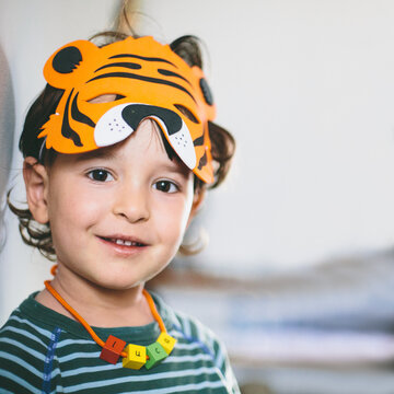 Portrait of a child with tiger mask