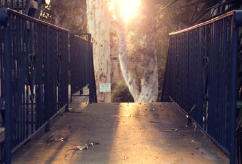 Brightly lit gated concrete path leading into light