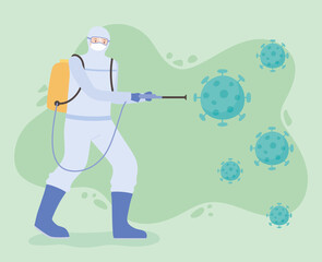 virus disinfection, man in hazmat suit cleaning and disinfecting, covid 19 coronavirus, preventive measure