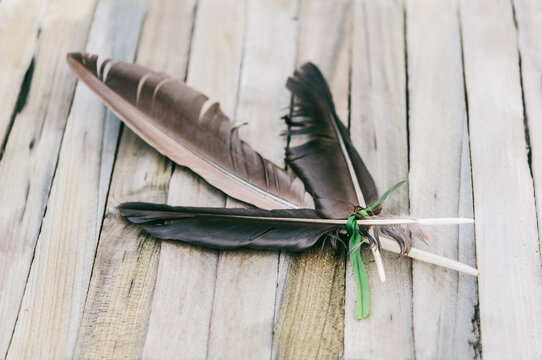 Three feathers tied with a blade of grass