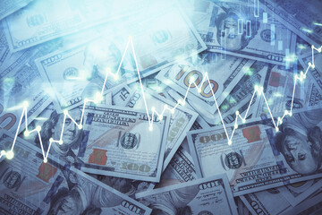 Double exposure of forex graph drawing over us dollars bill background. Concept of financial markets.