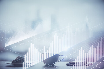 Double exposure of forex chart over coffee cup background in office. Concept of financial analysis and success.