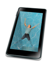 A man is seen floating on a cell phone filled with water as if it were a swimming pool. It illustrates being immersed in his cell phone.