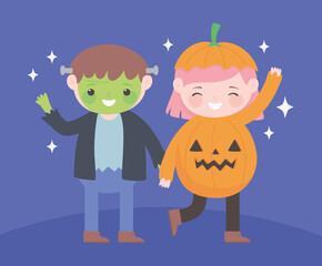 happy halloween, boy and girl zombie and pumpkin costume character, trick or treat party celebration