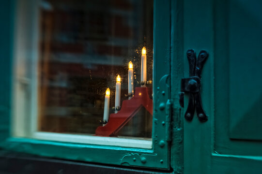 Christmas Lights On A Window Sill In Sweden