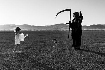 horror grim reaper holding is holding a clock in one hand and a scythe in the other. A green plant...
