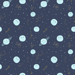 Galaxy space cute planets seamless vector pattern stars