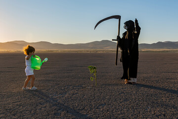 horror grim reaper holding is holding a clock in one hand and a scythe in the other. A green plant...