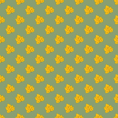 Seamless autumn pattern with cartoon style doodle orange pumpkin leaves on earthy green background. Fall forest backdrop for gift wrapping paper scrapbook kids crafts