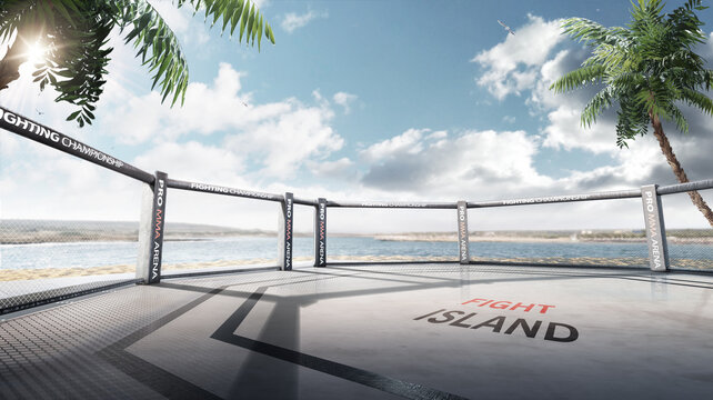 Fight island. Fighting Championship. Location of the MMA tournament on the Yas island Abu Dhabi. Octagon on the island. Panorama