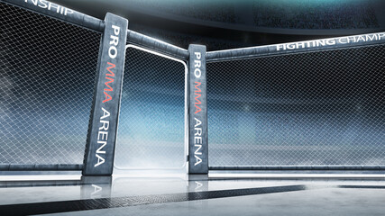 Fighting Championship. Fight night. MMA octagon on the light. Bottom view. Sport